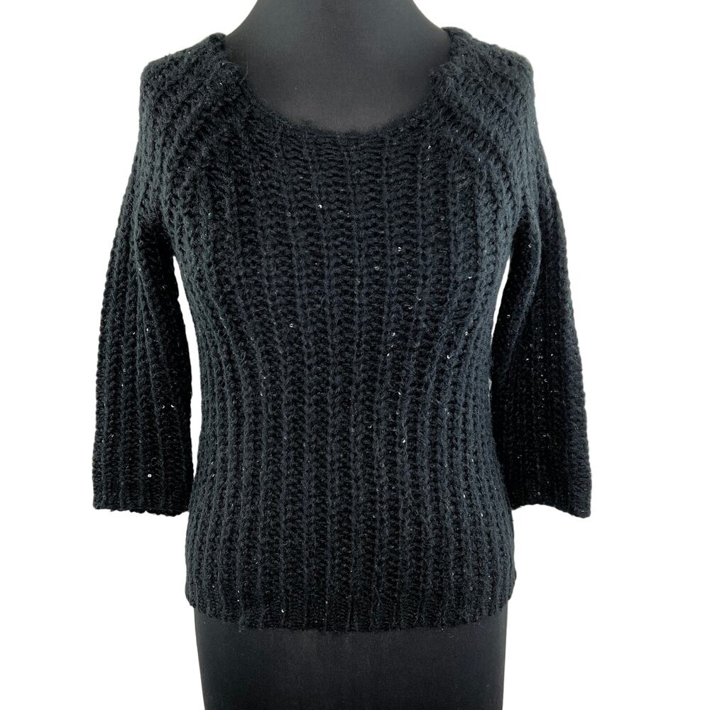 Anthropologie Knitted & Knotted Black Chunky Ribbed Knit 3/4 Sweater X-Small XS